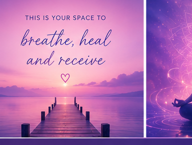 Illustration of a dock leading toward a sunset over water, reading: this is your space to breathe, heal and receive